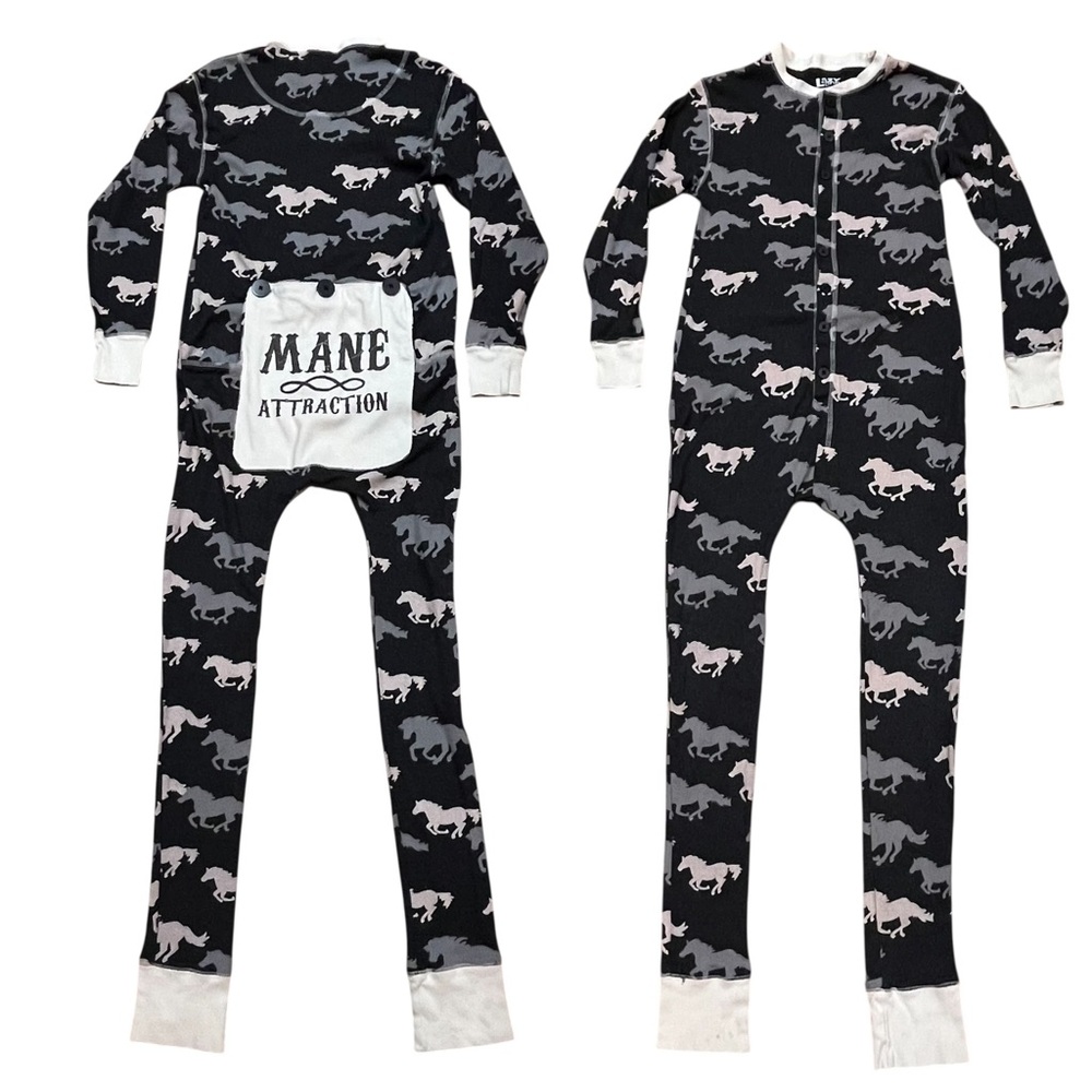 Lazy One Horse Pajamas Gray White Onesie Back Flap Mane Attraction Womens XS